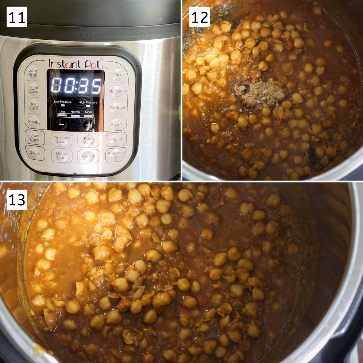 Collage of 3 images showing instant pot timer, cooked chana masala with spice powder added.