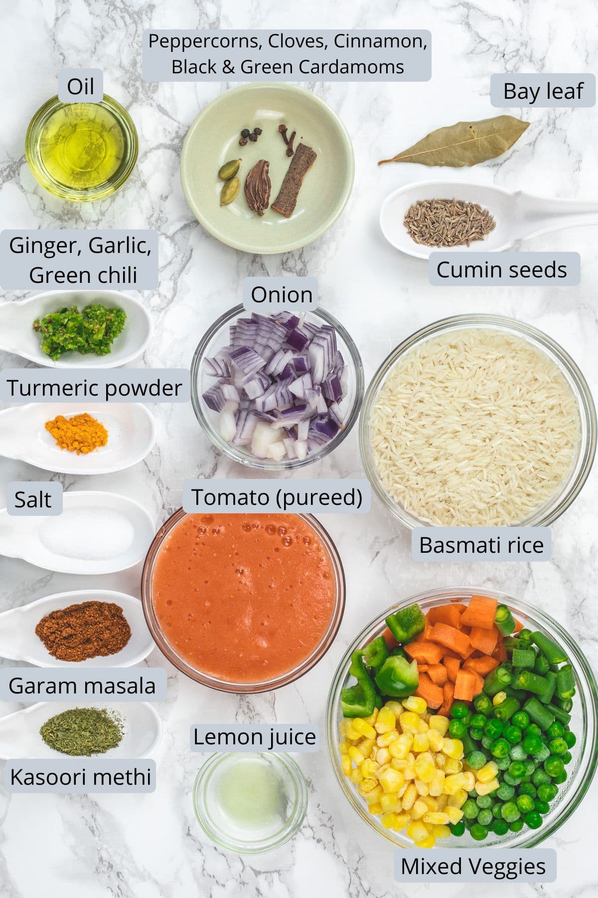 Instant pot pulao ingredients in bowls and spoons with labels.