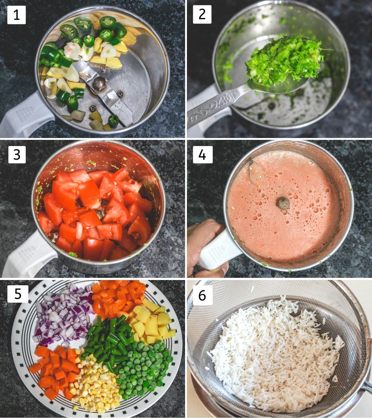 Collage of 6 images showing crushing ginger, garlic, chili, pureeing tomato, veggies in a plate.