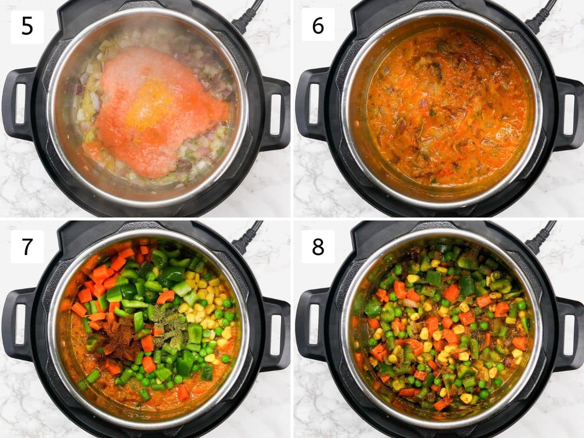 Collage of 4 images showing adding and mixing tomato puree, mixed veggies.