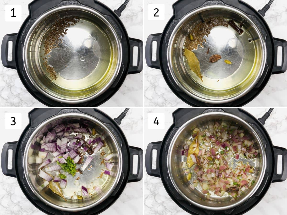 Collage of 4 images showing ccoking whole spices, onion.