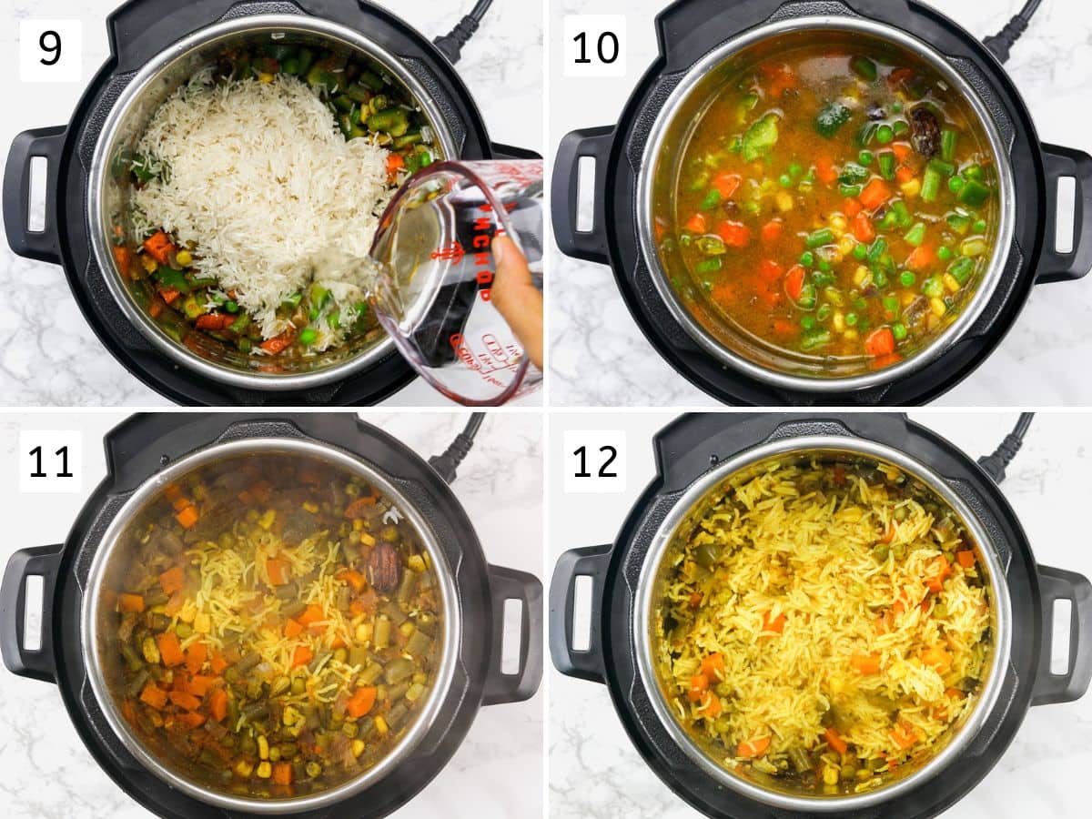 Collage of 4 images showing adding, rice, water and cooked pulao.
