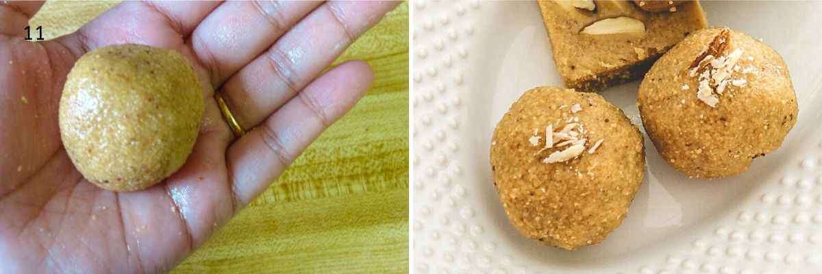 Collage of 2 images showing shaped laddo in a palm and 2 ladoos in a plate.