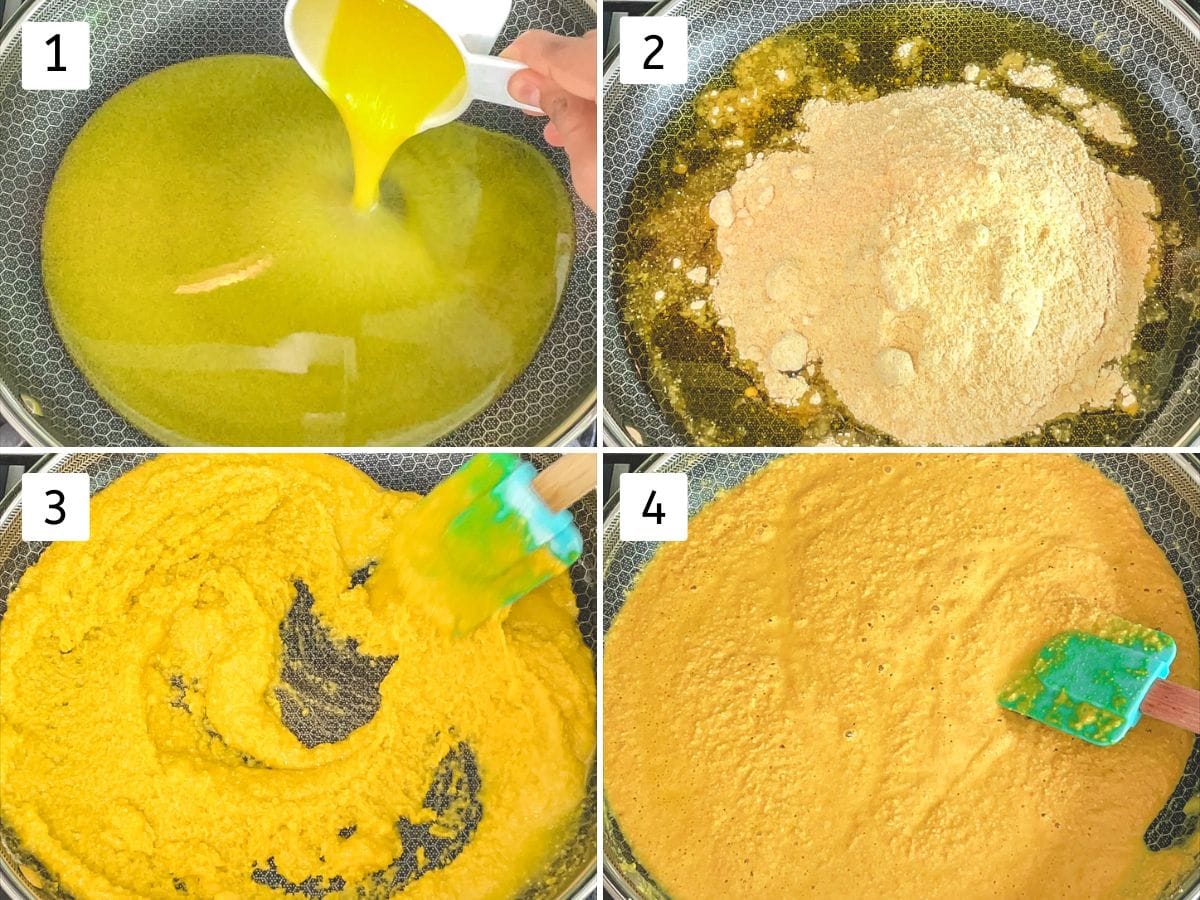 Collage of 4 images showing adding ghee, besan and roasting it.