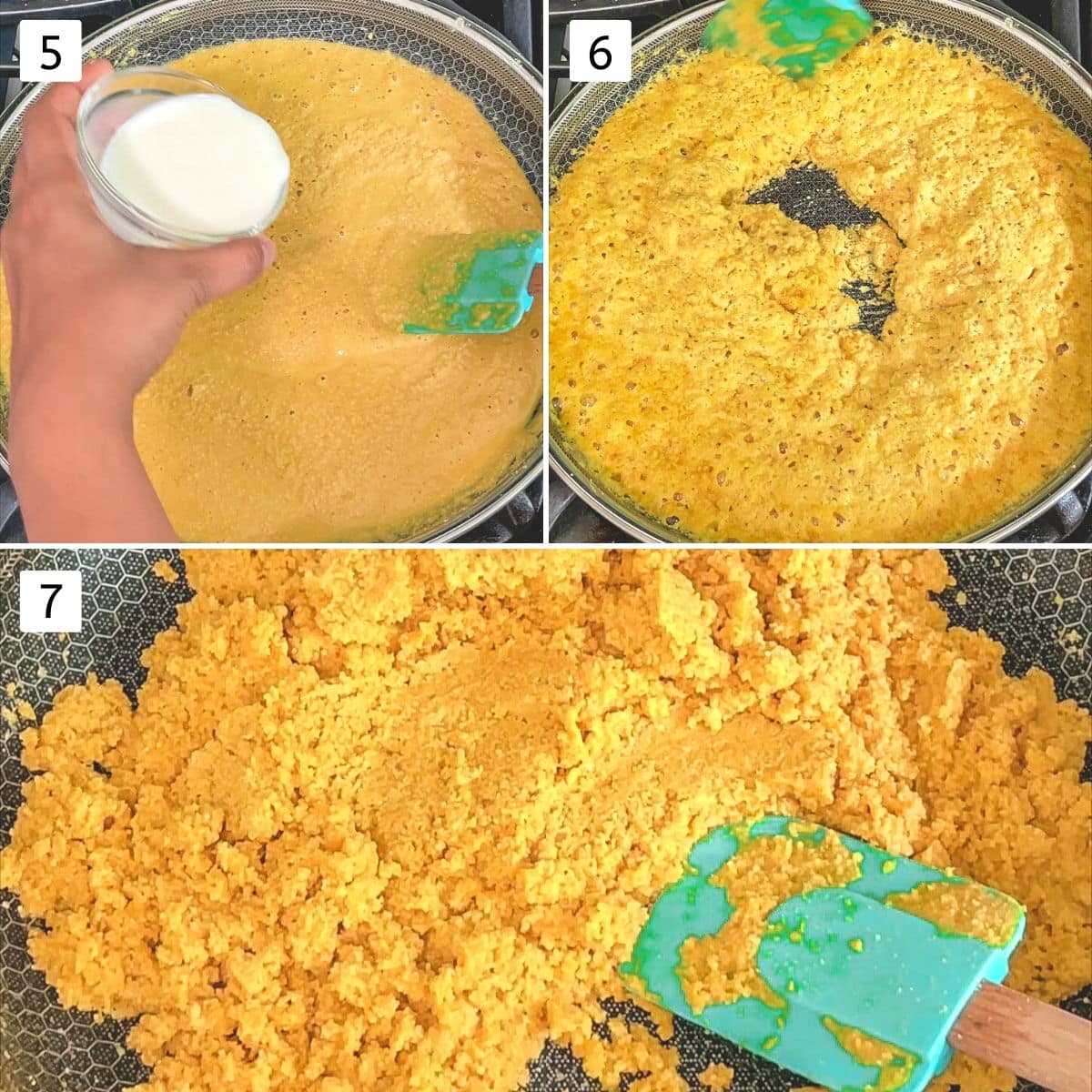 Collage of 3 images showing adding and mixing milk, cooked besan mixture.
