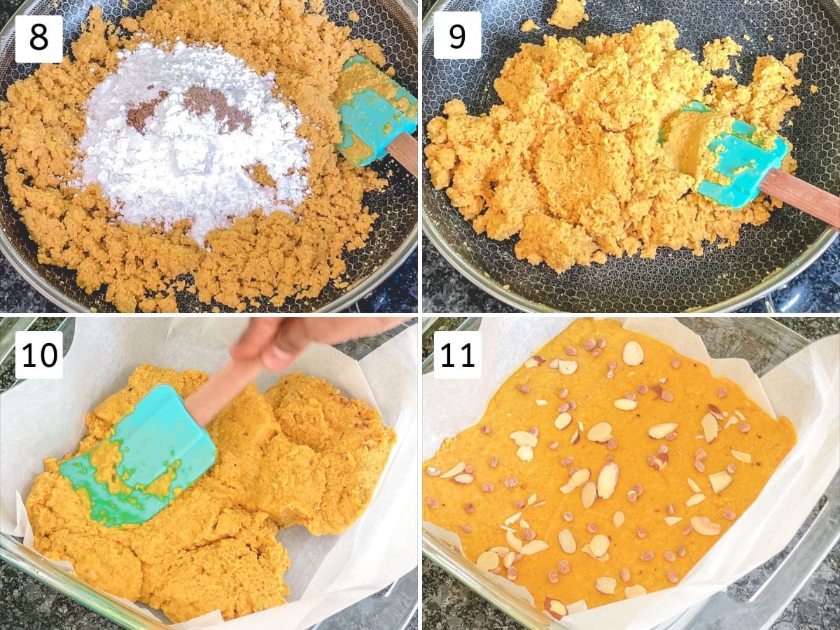 Collage of 4 images showing adding and mixing sugar, spreading into a pan and granishing with nuts.