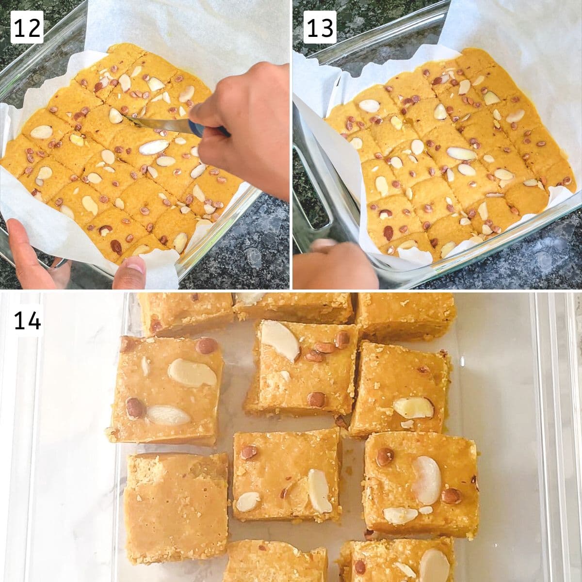 Collage of 3 images showing cutting into pieces, set barfi in a pan and transferred to a conatiner.