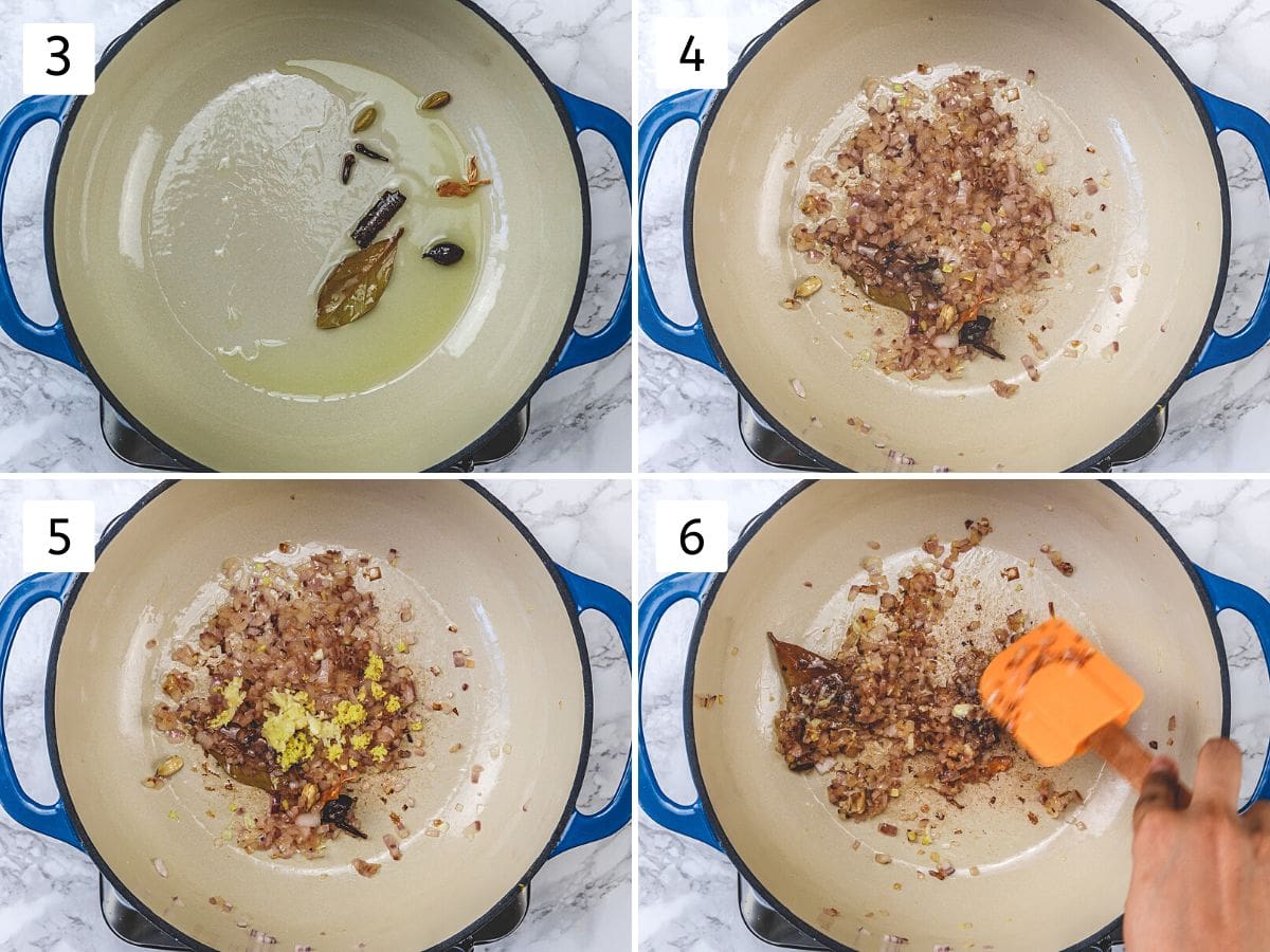 Collage of 4 images showing tempeing whole spices, cooking onion, ginger, garlic paste.