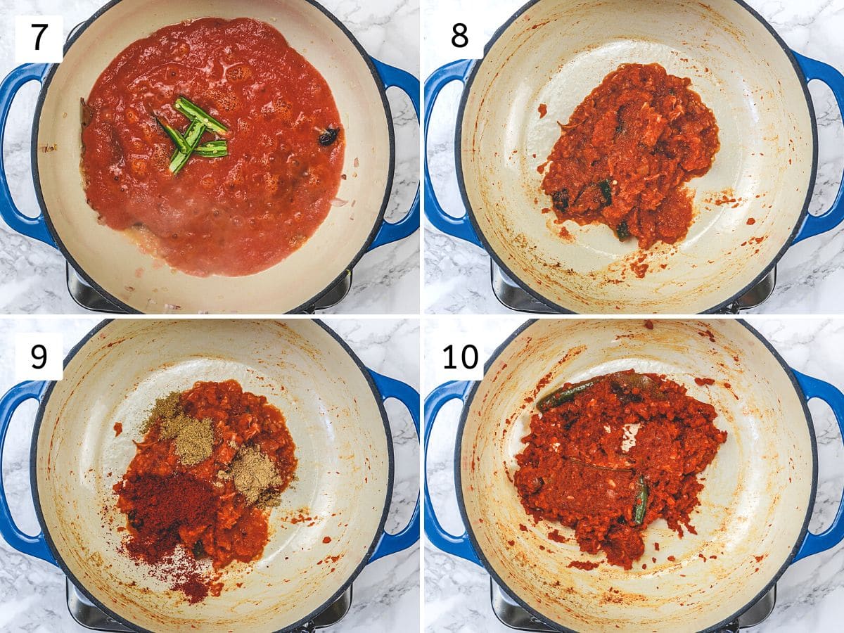 Collage of 4 images showing adding and cooking tomato puree, spice powders.