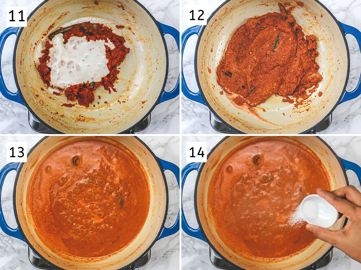 Collage of 4 images showing adding and mixing cashew paste, water and sugar.