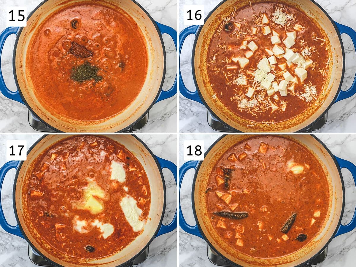 Collage of 4 images showing adding rest spices, paneer and cream.