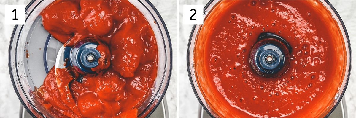 Collage of 2 images showing tomatoes in a food processor jar and pureed.