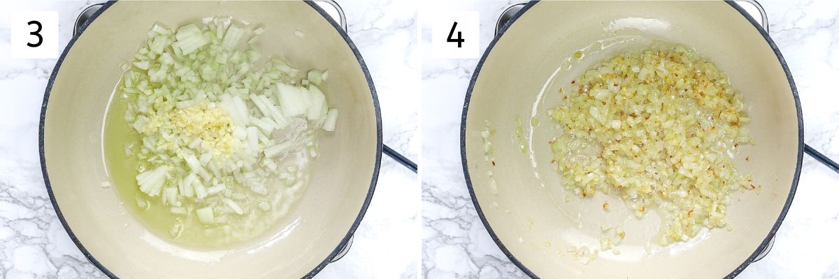 Collage of 2 images showing cooking onion and garlic.