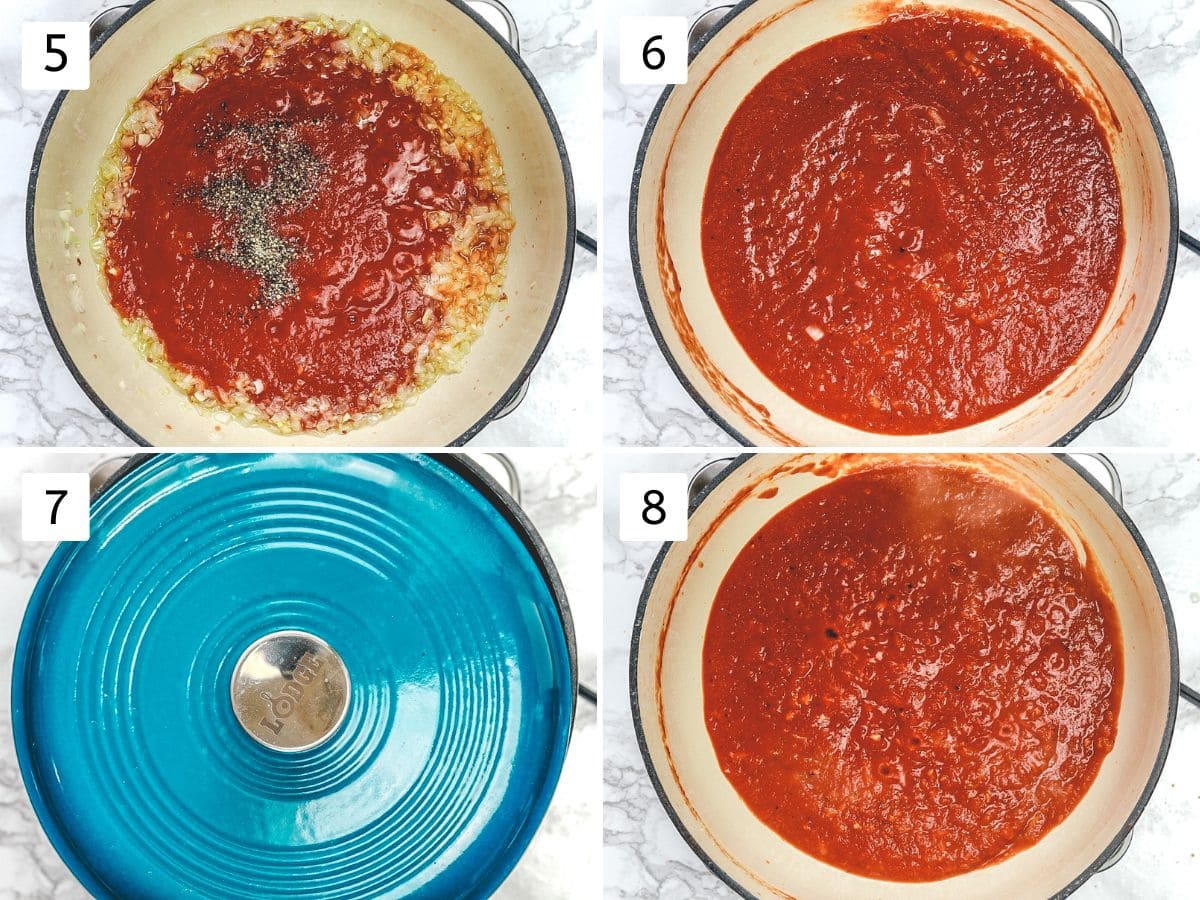 Collage of 4 images showing adding tomato, salt, pepper and simmering with covered.