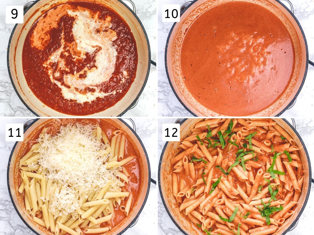 Collage of 4 images showing adding cream, milk, pasta, cheese and basil.