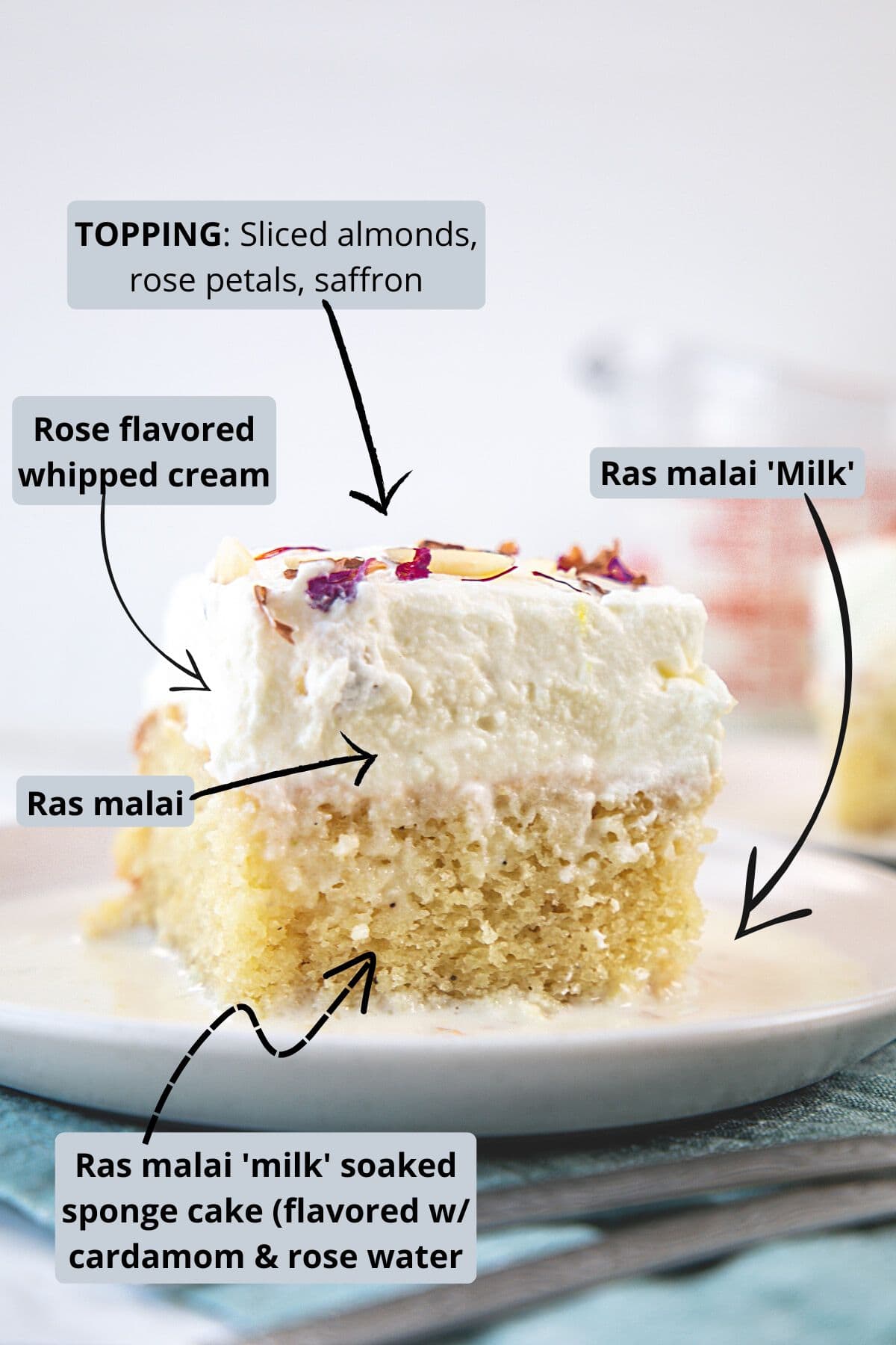Rasmalai cake layers explained with labels.