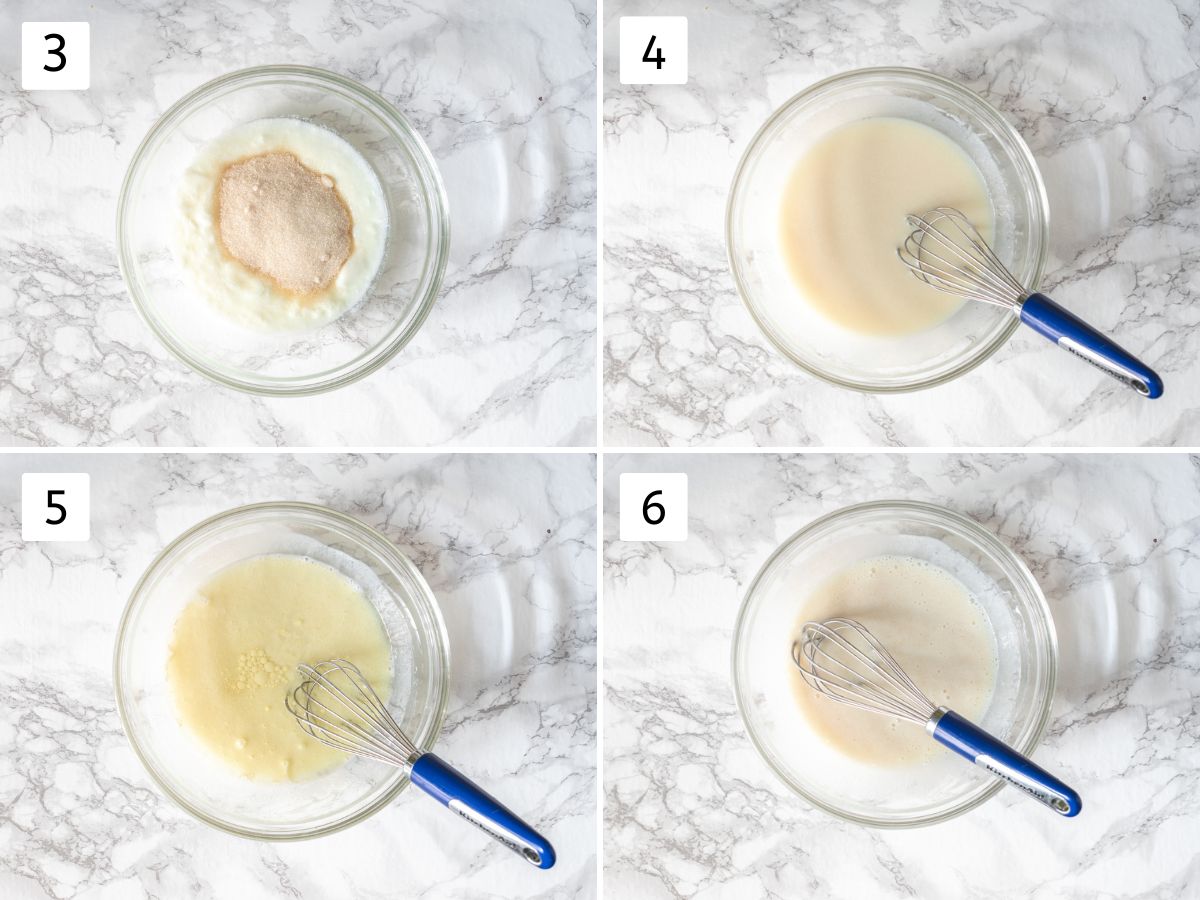 Collage of 4 images showing beating wet ingredients.