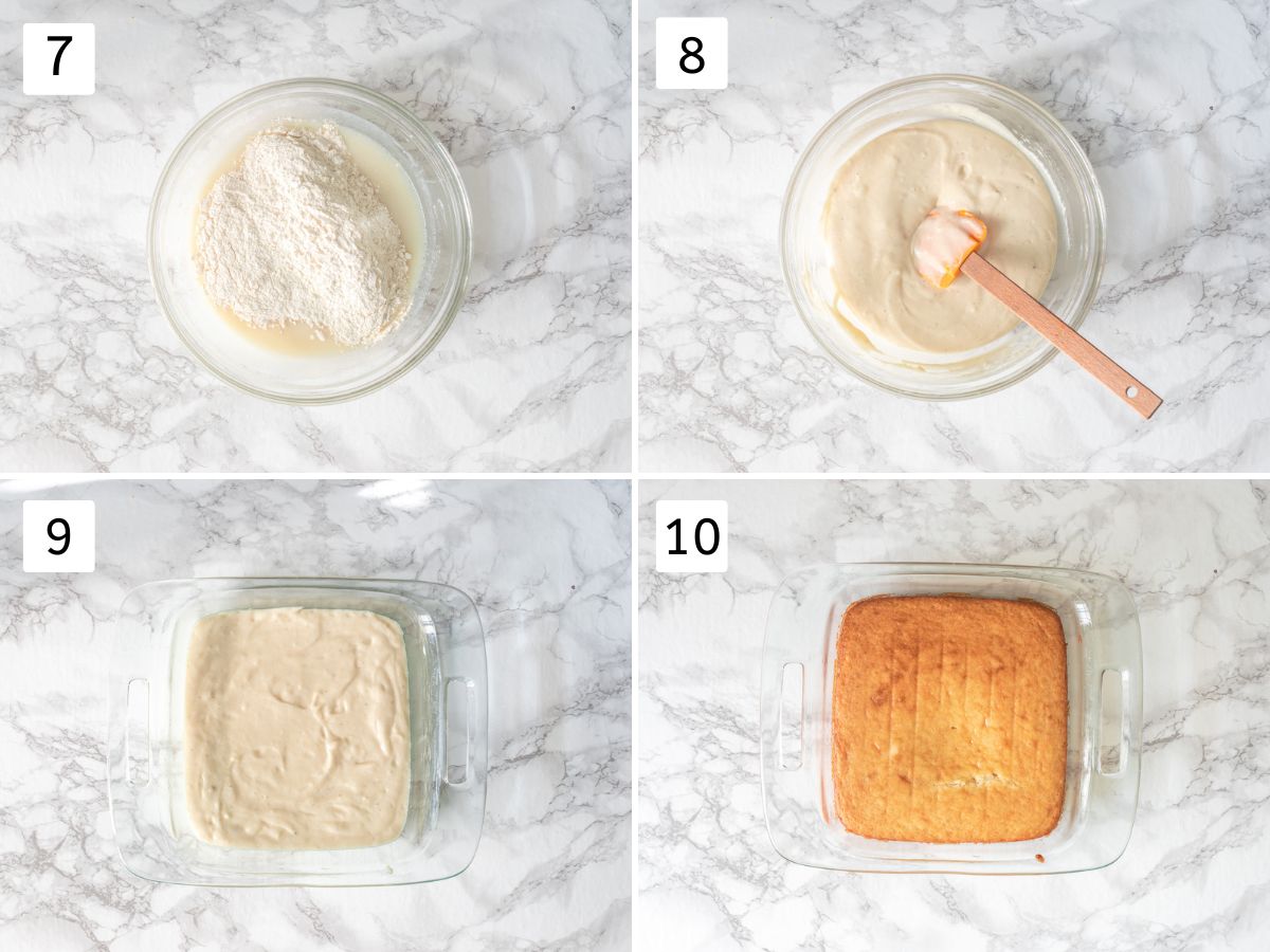 Collage of 4 images showing adding dry to wet and making batter and baked cake.