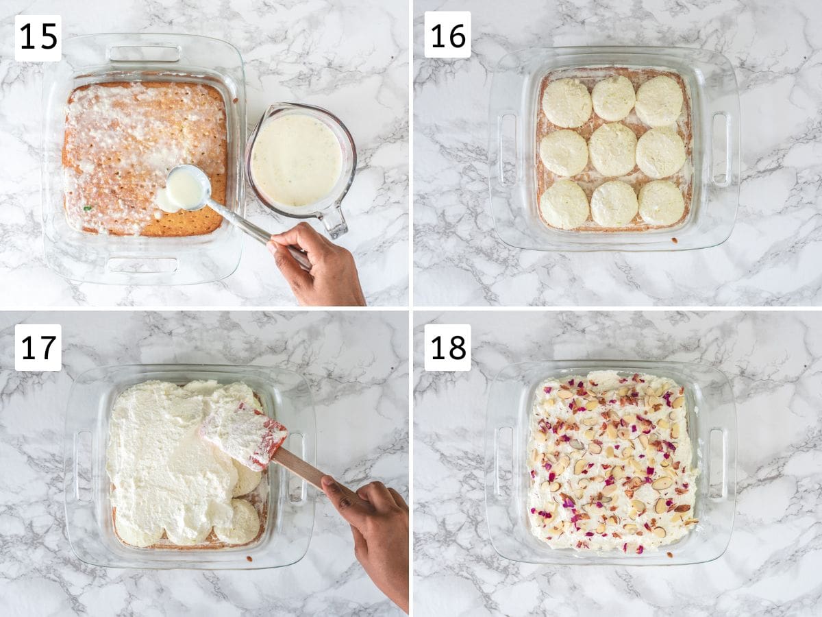 Collage of 4 images showing pouring milk on the cake, layering rasmalai, spreading whipping cream and adding garnishes.