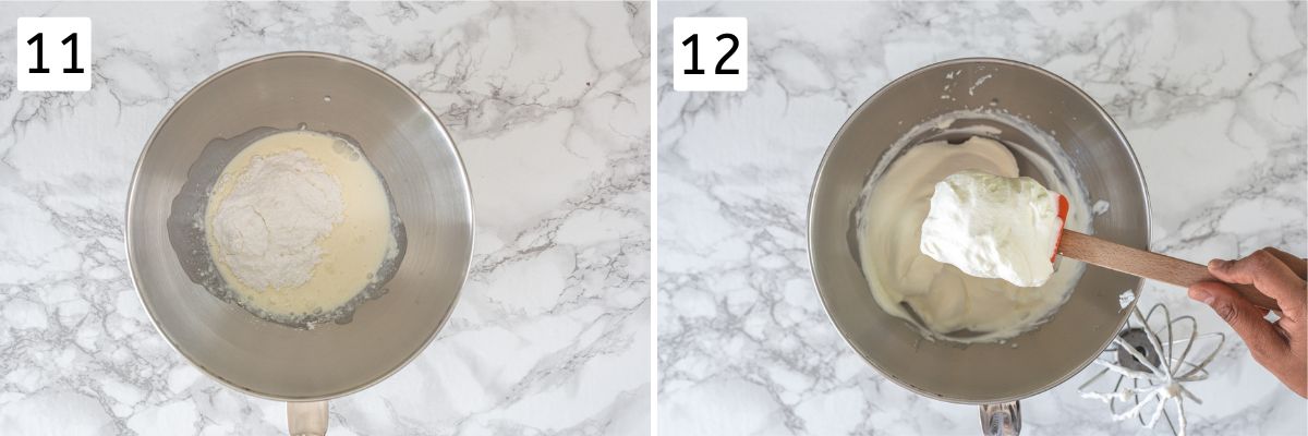 Collage of 2 images showing whipping cream with powdered sugar in a bowl and ready whipped cream.
