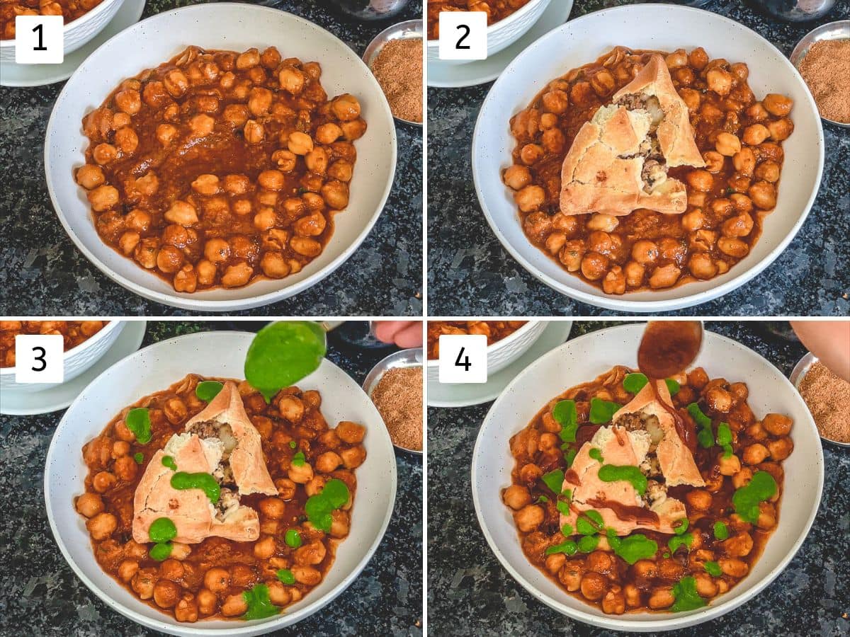 Collage of 4 images showing adding chana masala in a plate, placing samosa and drizzling chutneys.