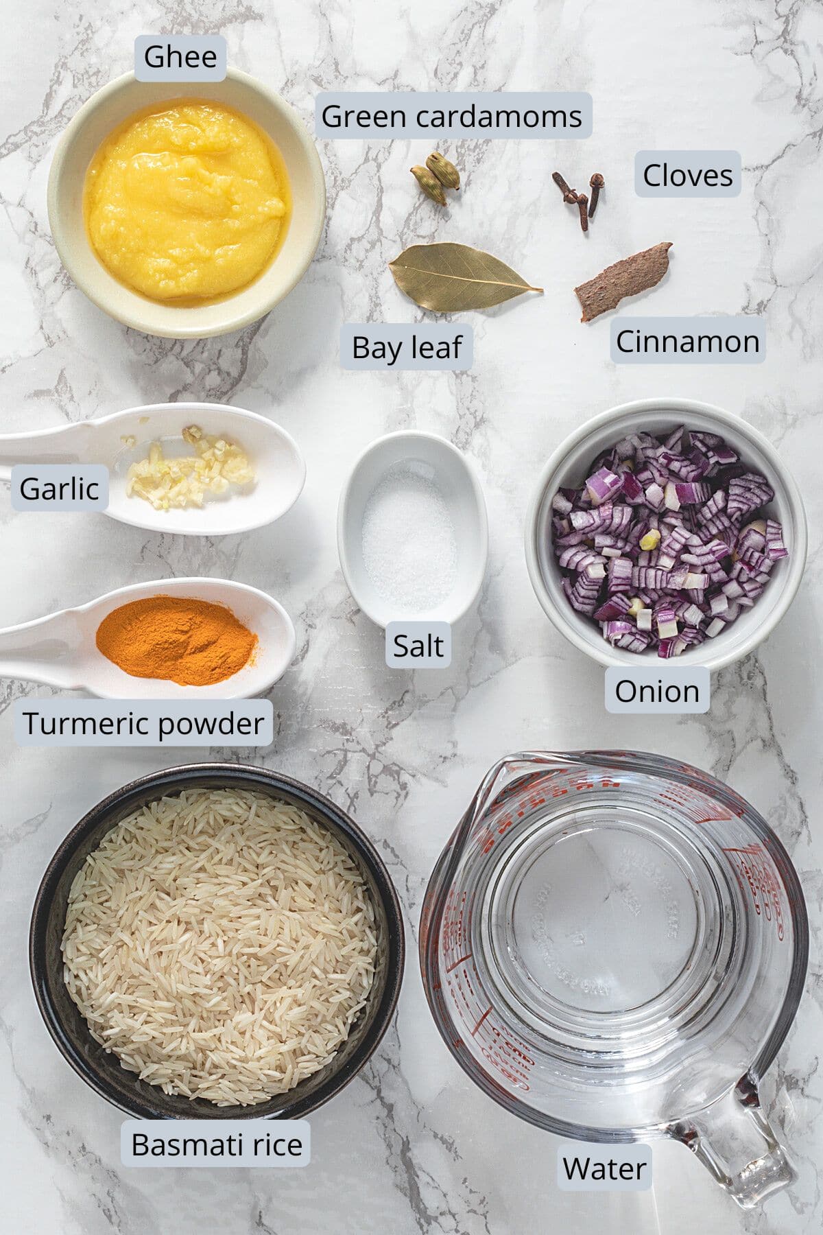 Instant pot turmeric rice ingredients in spoons and bowls with labels.