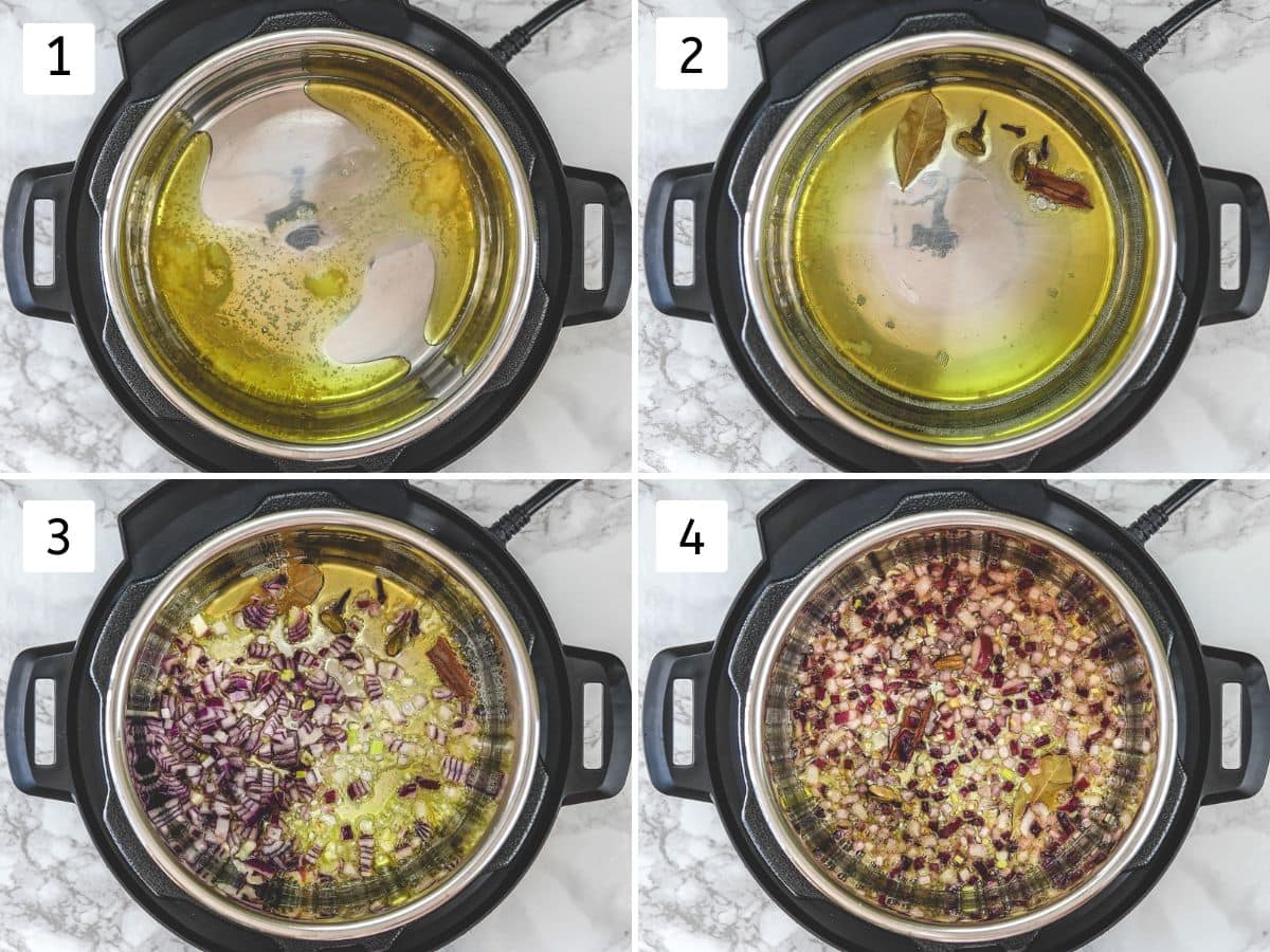 Collage of 4 images showing tempering of spices and cooking onion, garlic.