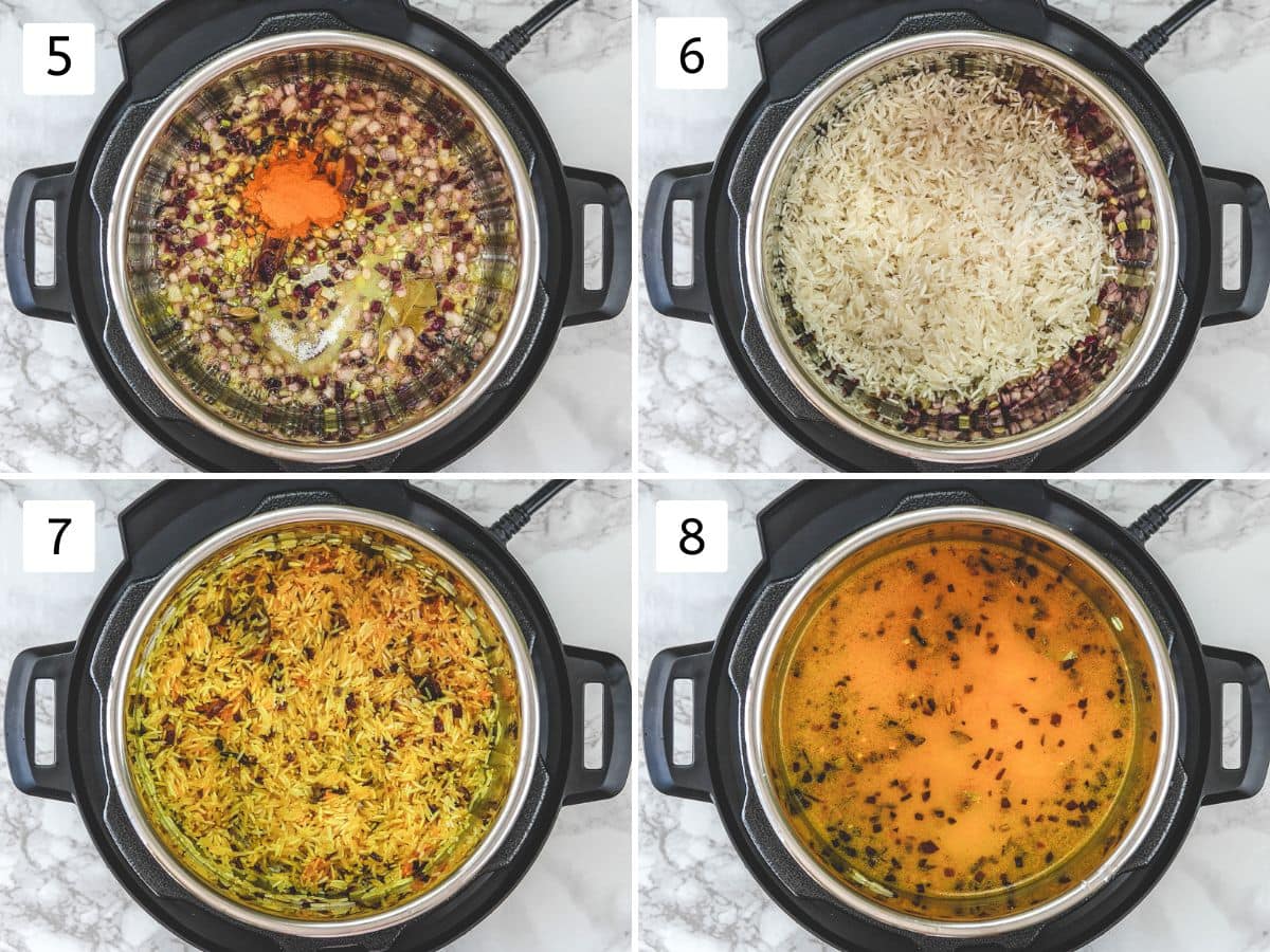 Collage of 4 images showing adding turmeric, rice, water and stirred.