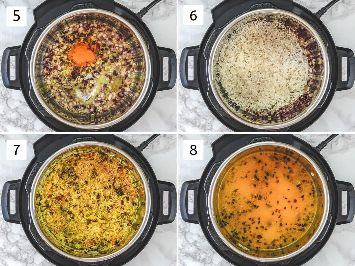 Collage of 4 images showing adding turmeric, rice, water and stirred.