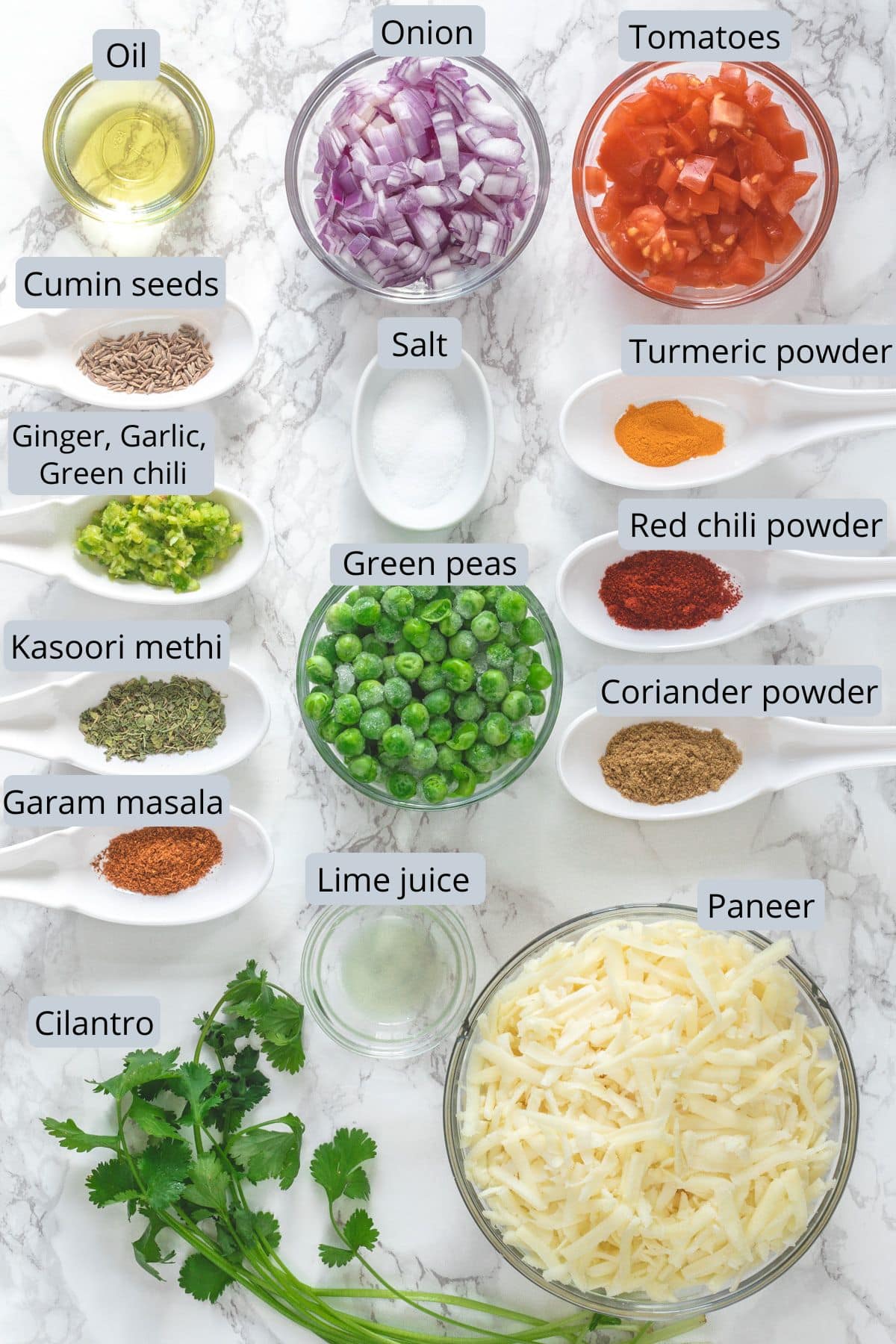 Mini paneer samosa stuffing ingredients in bowls and spoons with labels.
