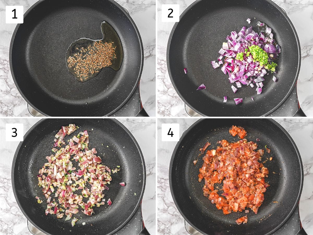 Collage of 4 images showing tempering cumin, cooking onion and tomato.
