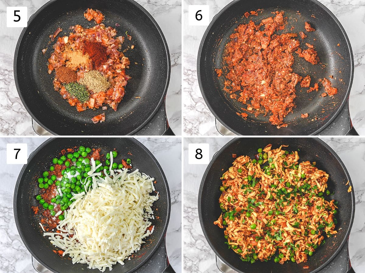 Collage of 4 images showing adding spices, paneer, peas and cilantro.