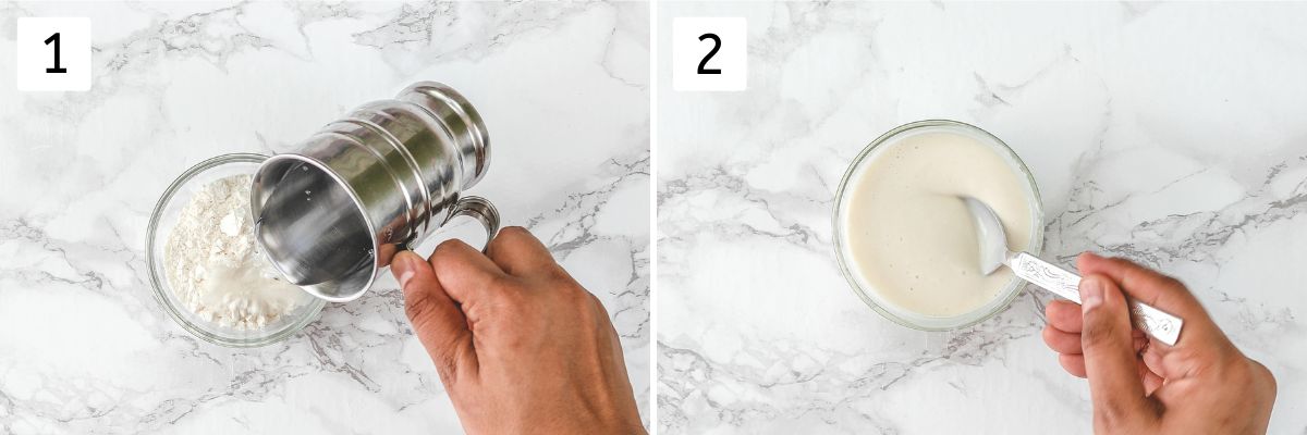 Collage of 2 images showing making a paste of flour and water.