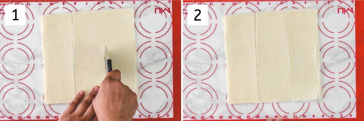Collage of 2 images showing cutting spring roll sheets into long strips.