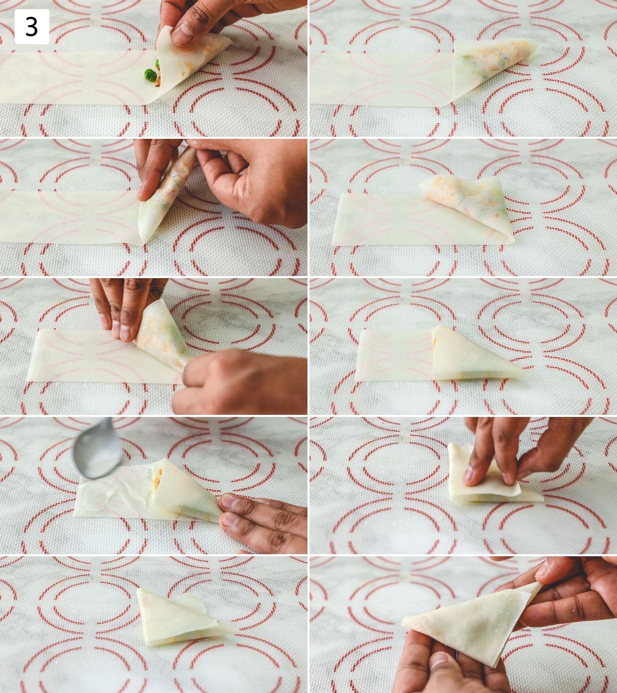 Collage of images showing how to shape the mini samosa.