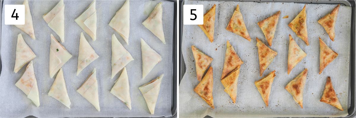 Collage of 2 images showing uncooked samosa on a tray and baked samosa.