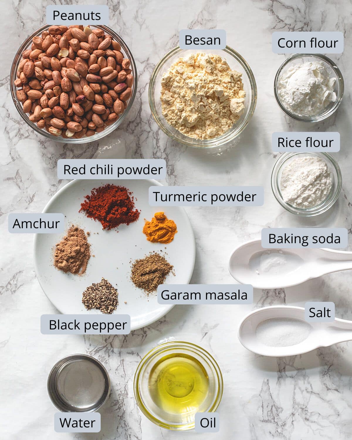 Masala peanuts ingredients in bowls and spoons with labels.