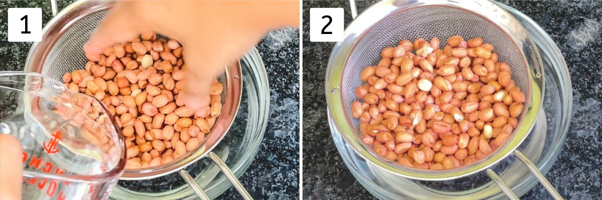 Collage of 2 images showing rinsing peanuts in a colander.