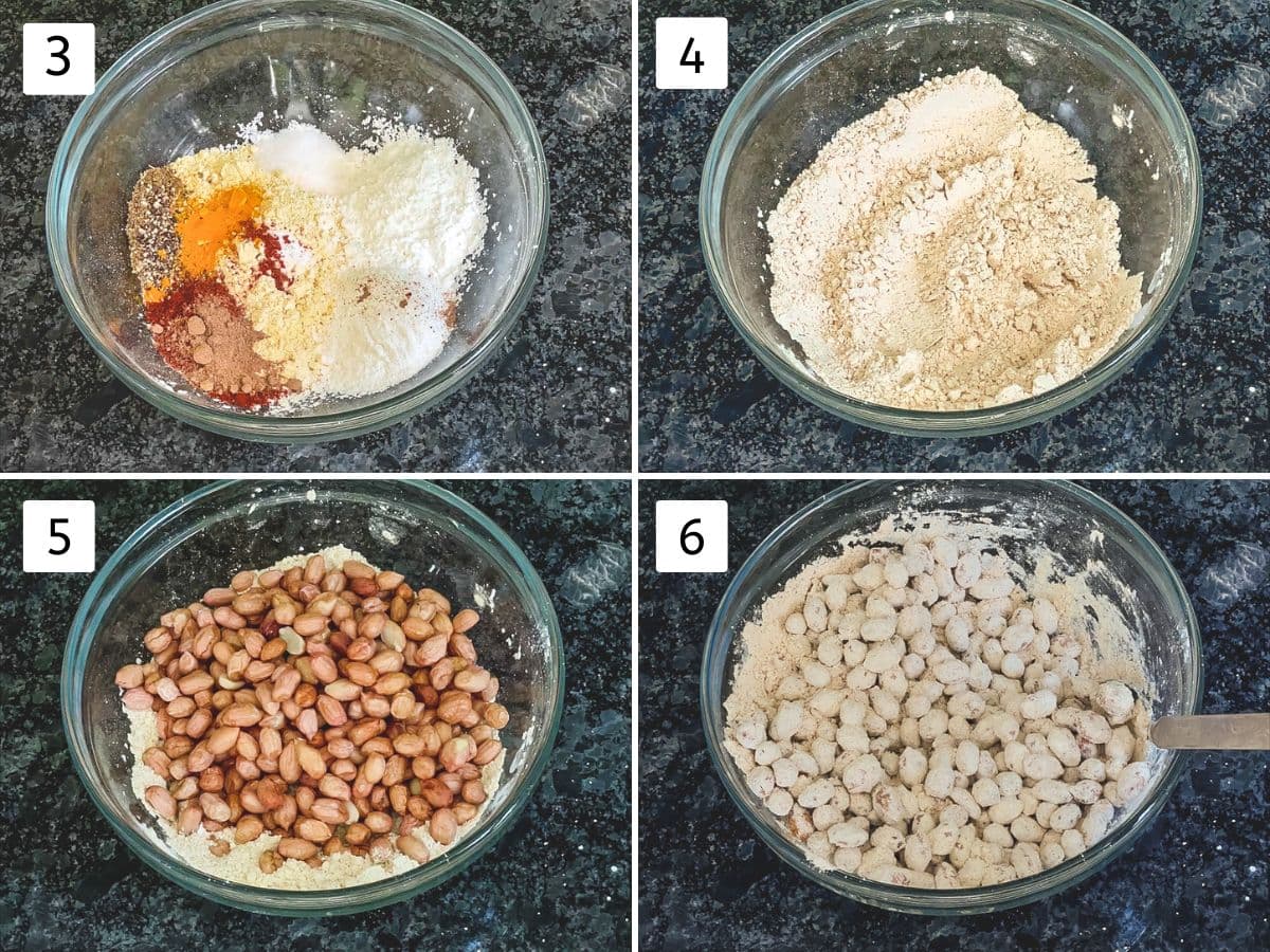 Collage of 4 images showing adding spices to besan, adding and mixing peanuts into flour.