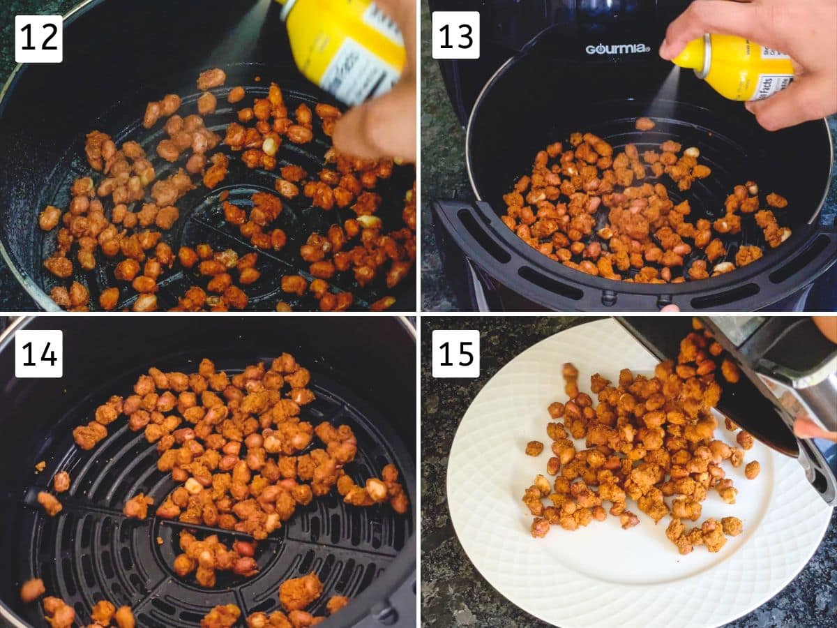 Collage of 4 images showing sprayinh peanuts with oil and air frying.