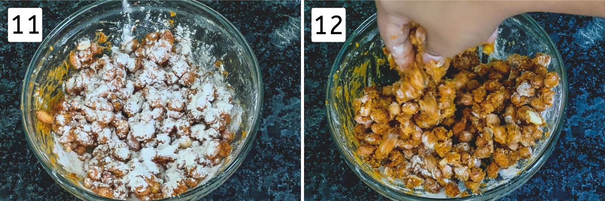 Collage of 2 images showing sprinkle of rice flour and mixing with fingers.