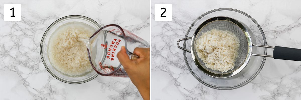 Collage of 2 images showing adding water to rice and drained rice in a strainer.