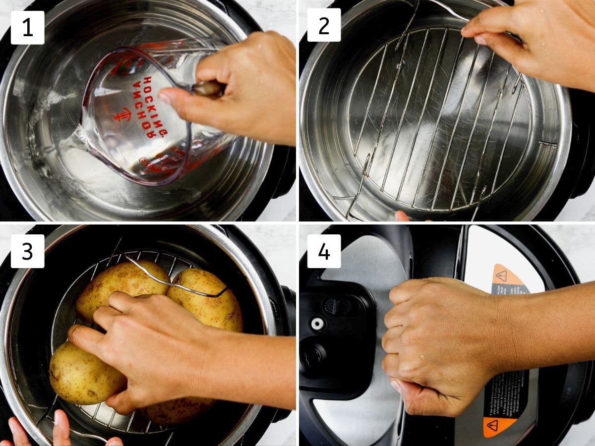 Collage of 4 images showing adding water, placing a rack and potatoes and closing lid.