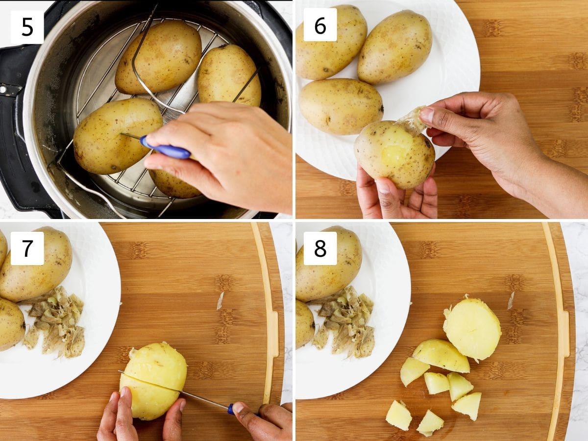 Collage of 4 images showing checking potato, peeling and cutting into cubes.