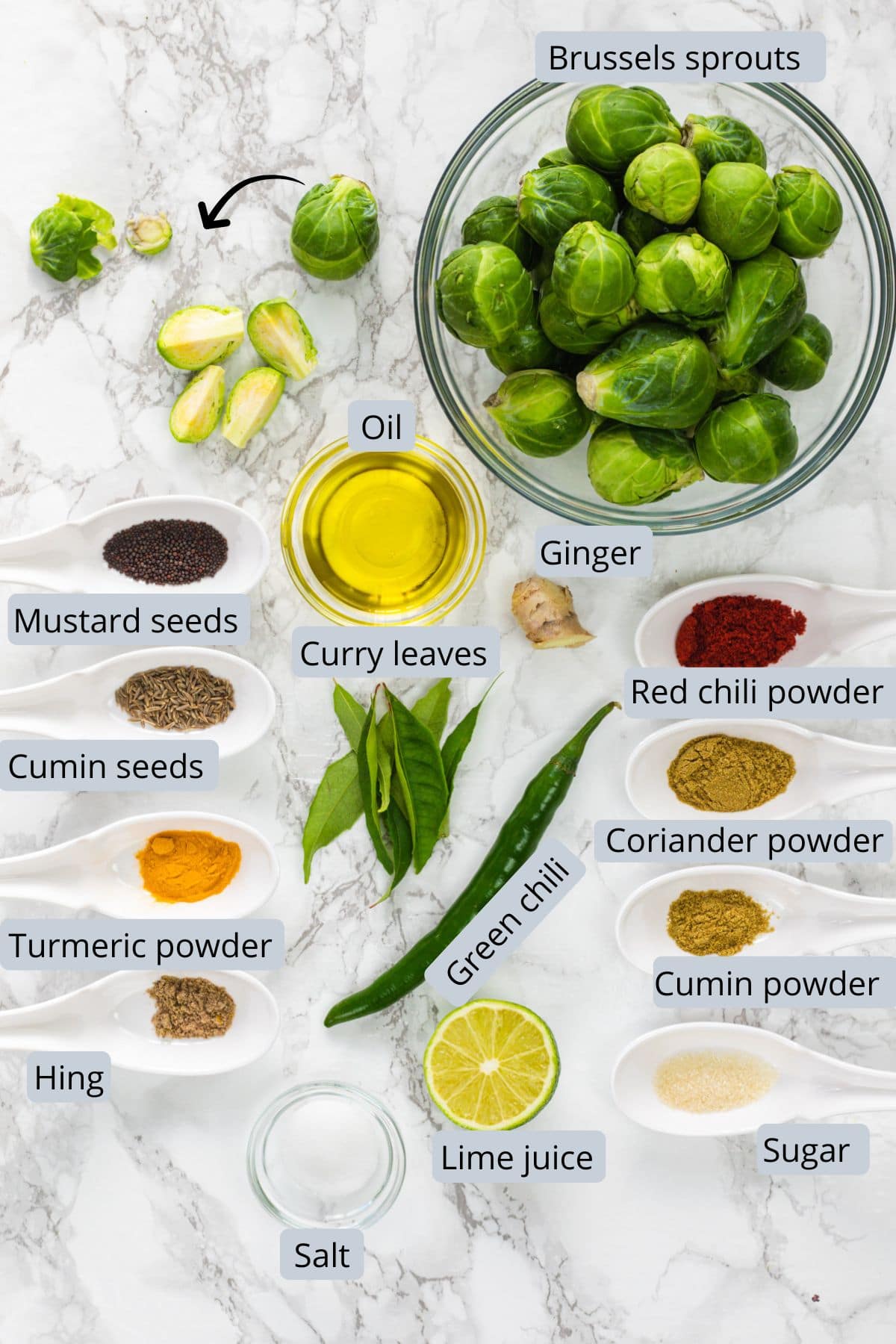 Indian brussels sprouts recipe ingredients in bowls and spoons with labels.
