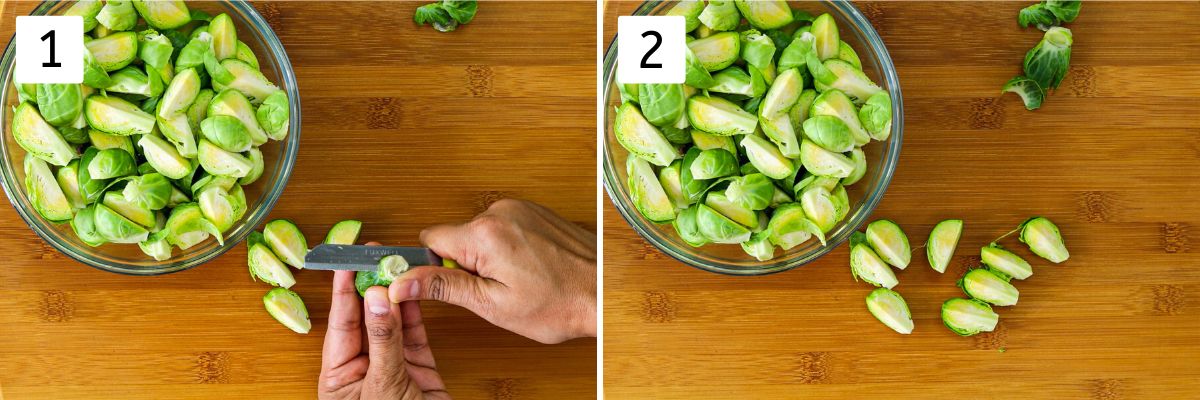 Collage of 2 images showing cutting brussels sprouts.