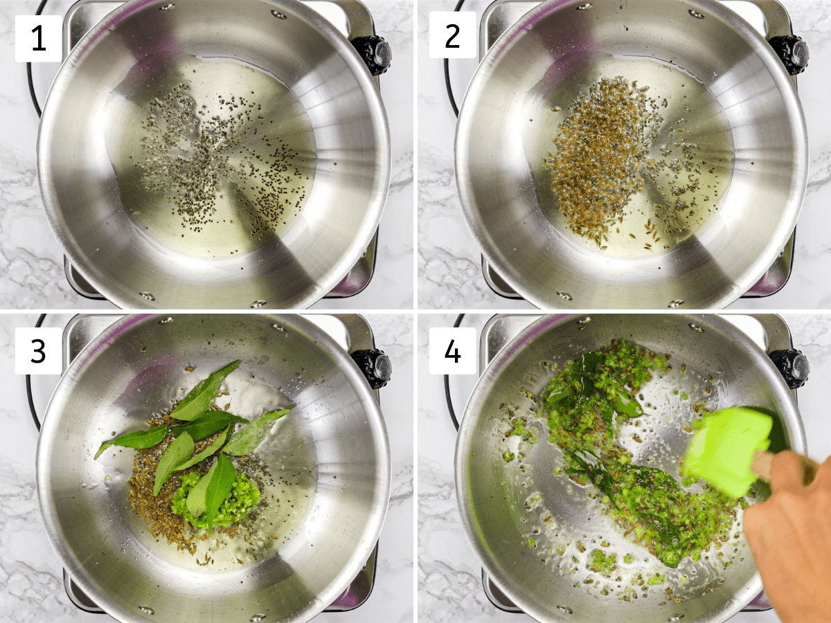 Collage of 4 images showing tempering of mustard and cumin seeds, sauteing ginger, chili, curry leaves.
