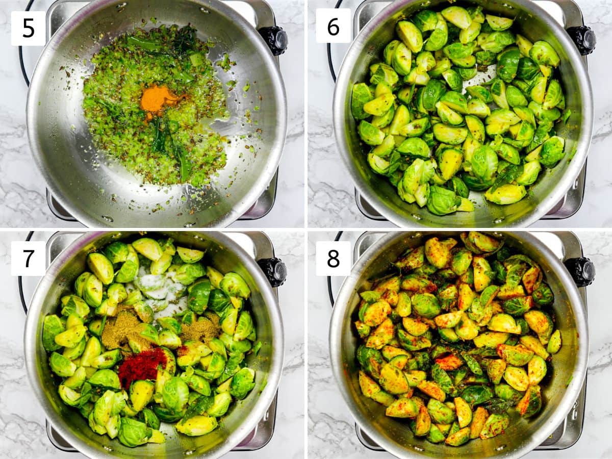 Collage of 4 images showing adding turmeric, brussels sprouts and spices.