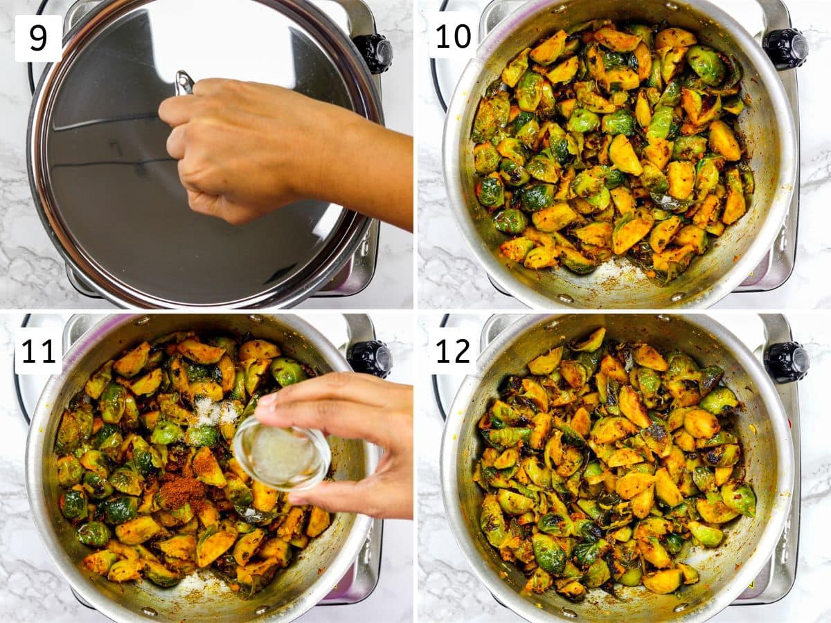 Collage of 4 images showing cooking curry covered and adding sugar, lemon juice.