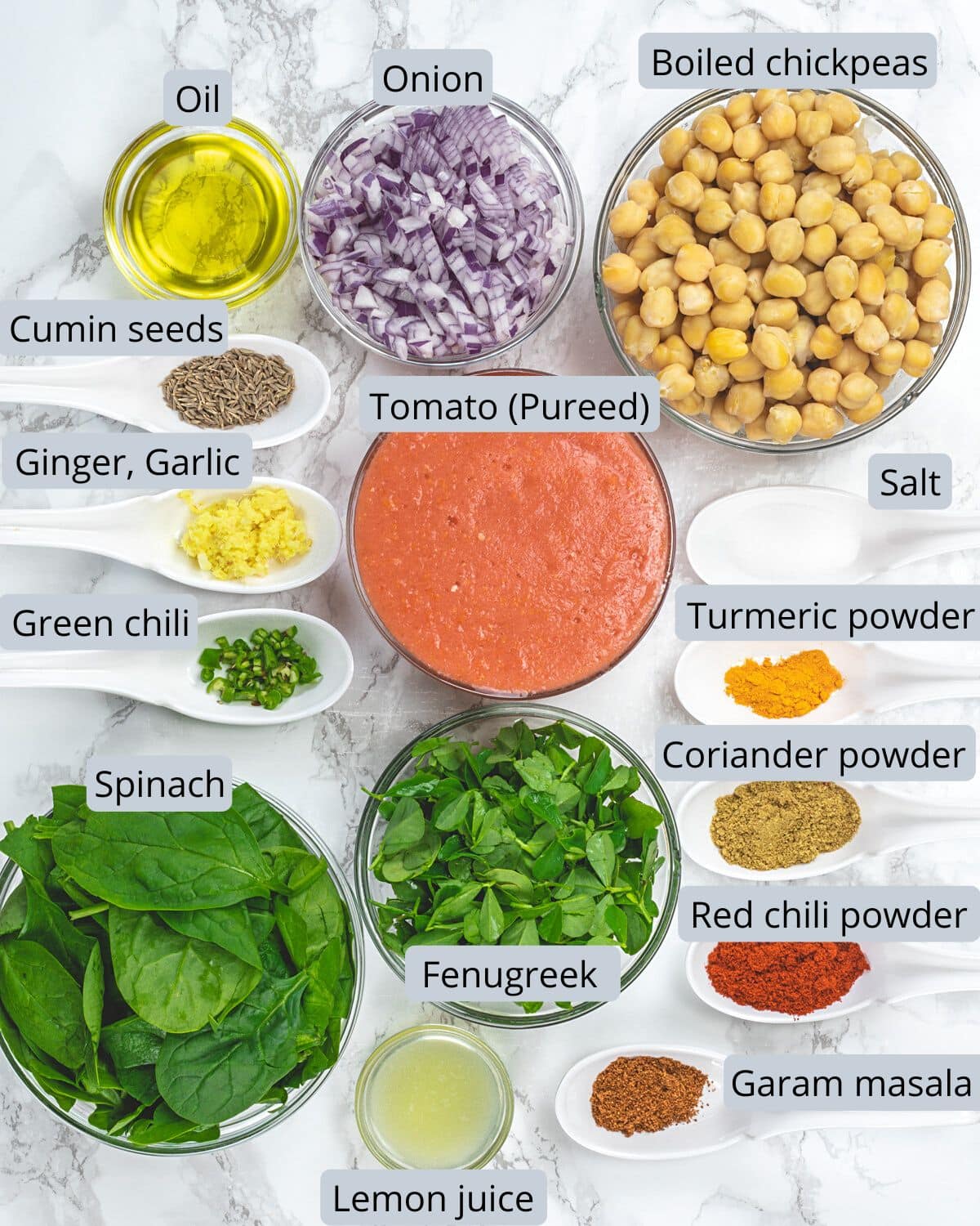 Chana saag ingredients in indiviual bowls and spoons with labels.